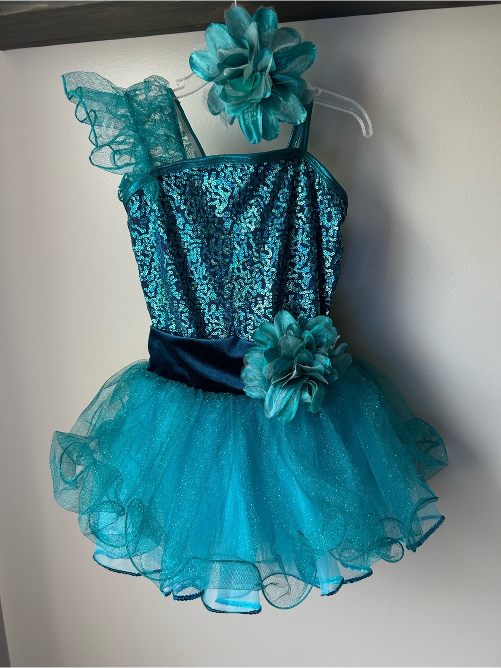 Girls Teal Sequin Tutu Dance Costume with Flower Accent